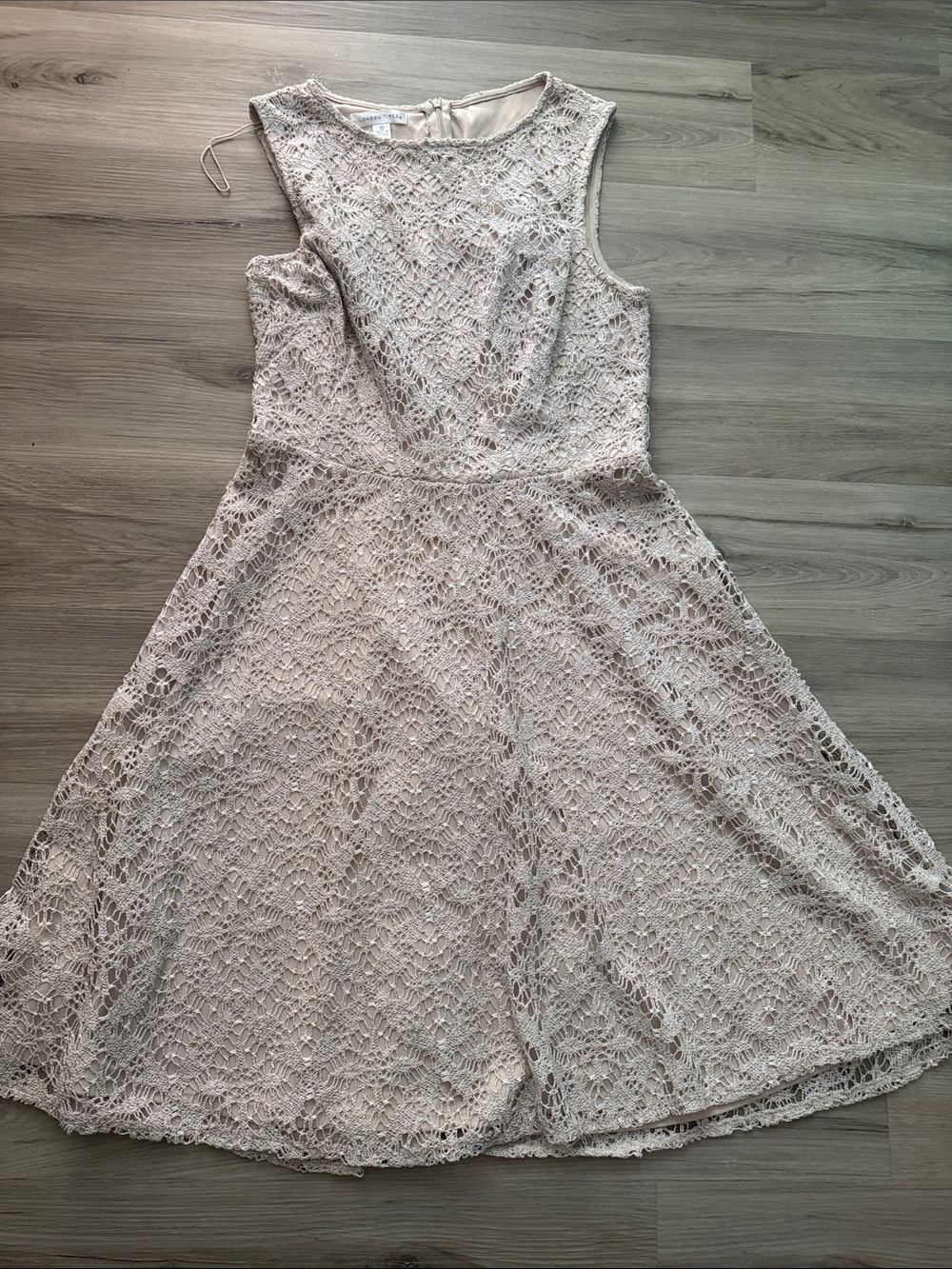 London Times Lace Fit-and-Flare Dress in Light Beige